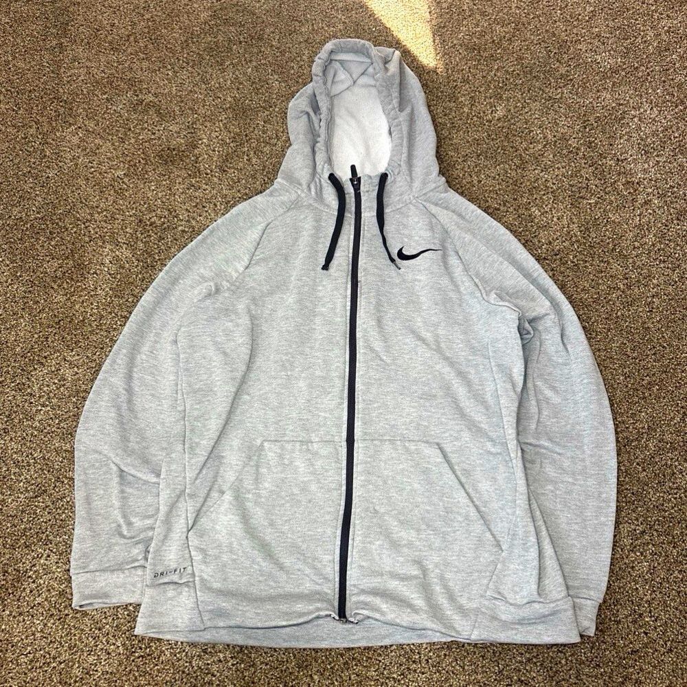 Nike Dri-FIT Men's Gray Solid Fleece Full Zip Hoodie Logo Pockets L Regular